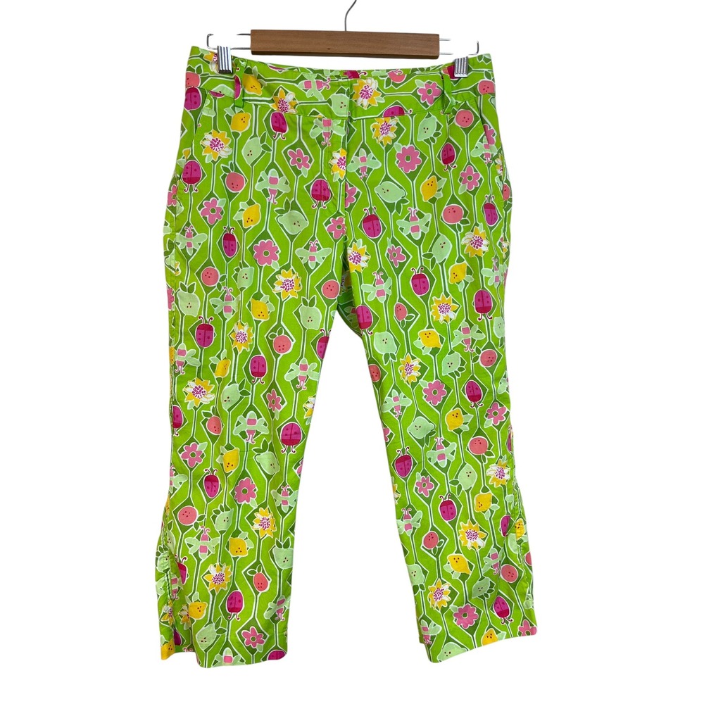 Vintage Y2K Lilly Pulitzer Bardot Pants 6P Green Floral Bee Garden Preppy Resort